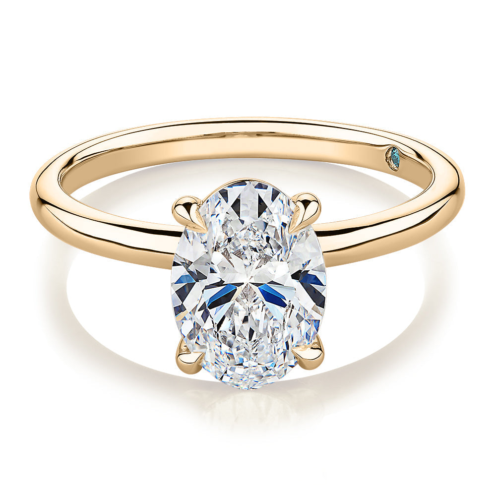 Premium Certified Lab-Grown Diamond, 2.00 carat oval solitaire engagement ring in 14 carat yellow gold