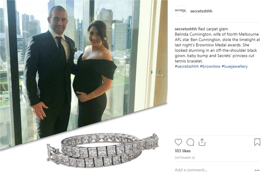 Belinda Cunnington at the 2018 Brownlows wearing a Secrets Tennis Bracelet