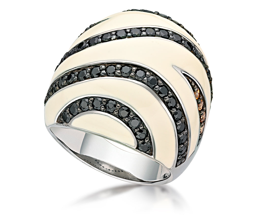 Shell inspired ring with round brilliant cut black and champagne colour simulants in sterling silver