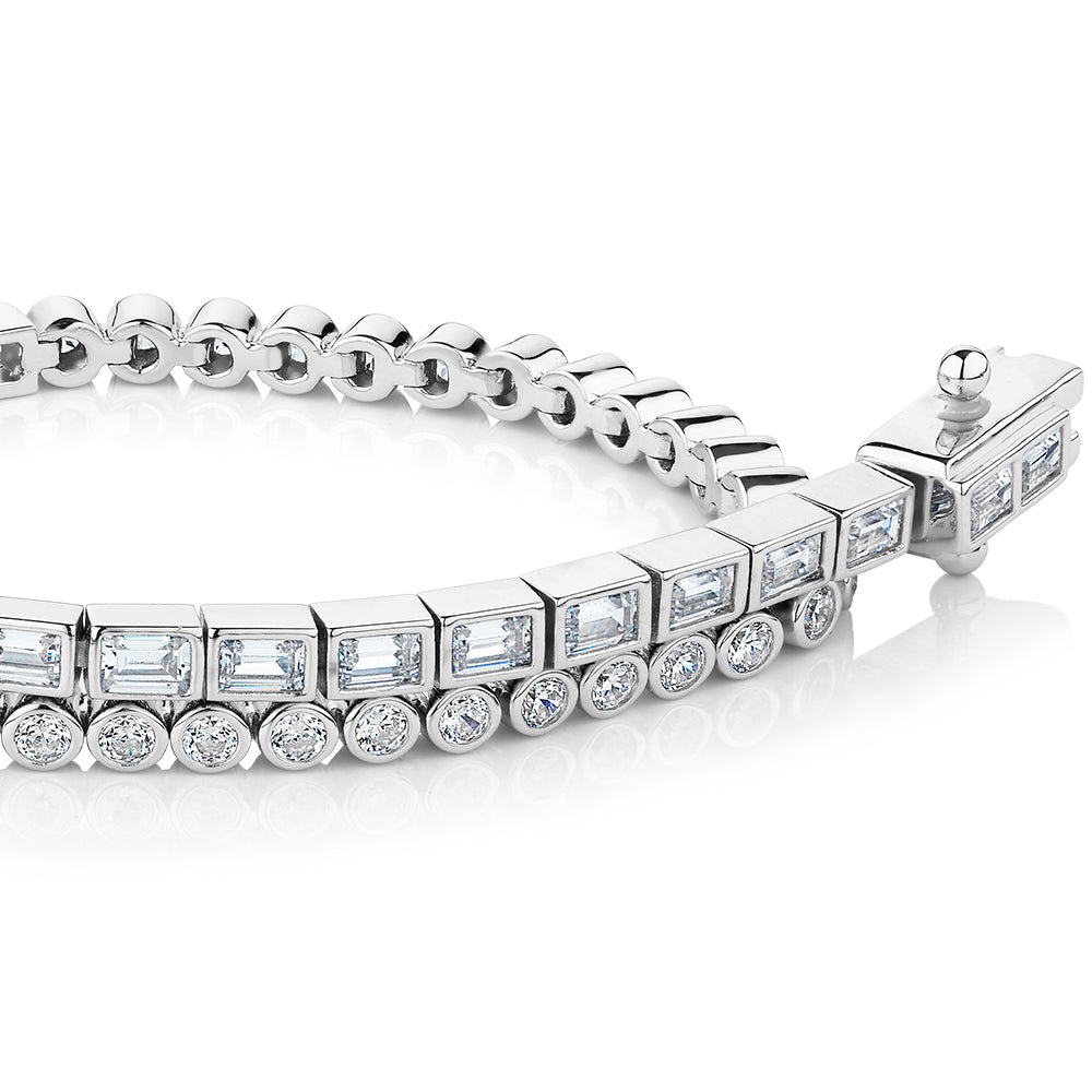 Baguette and Round Brilliant tennis bracelet with 3.26 carats* of diamond simulants in sterling silver