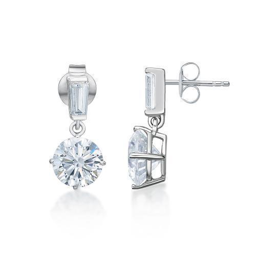 Round Brilliant and Baguette drop earrings with 1.33 carats* of diamond simulants in 10 carat white