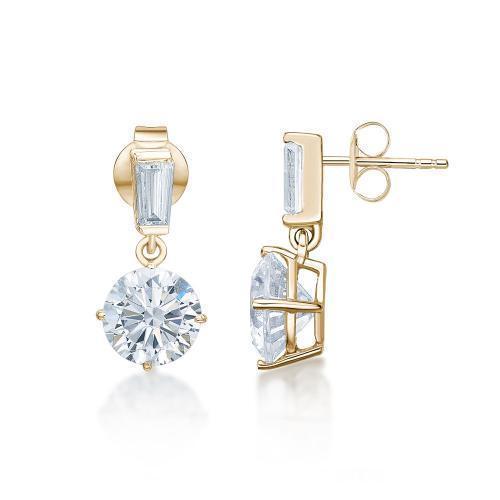 Round Brilliant and Baguette drop earrings with 1.33 carats* of diamond simulants in 10 carat yellow