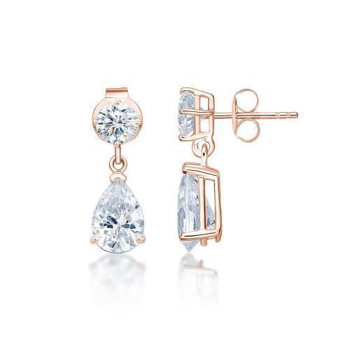 Pear and Round Brilliant drop earrings with 1.92 carats* of diamond simulants in 10 carat rose gold