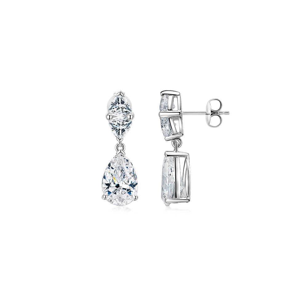 Pear and Cushion Trilliant drop earrings with 7.68 carats* of diamond simulants in 10 carat white gold