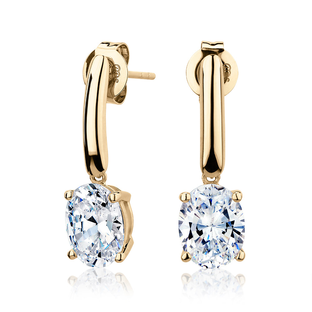 Oval drop earrings with 3.72 carats* of diamond simulants in 10 carat yellow gold