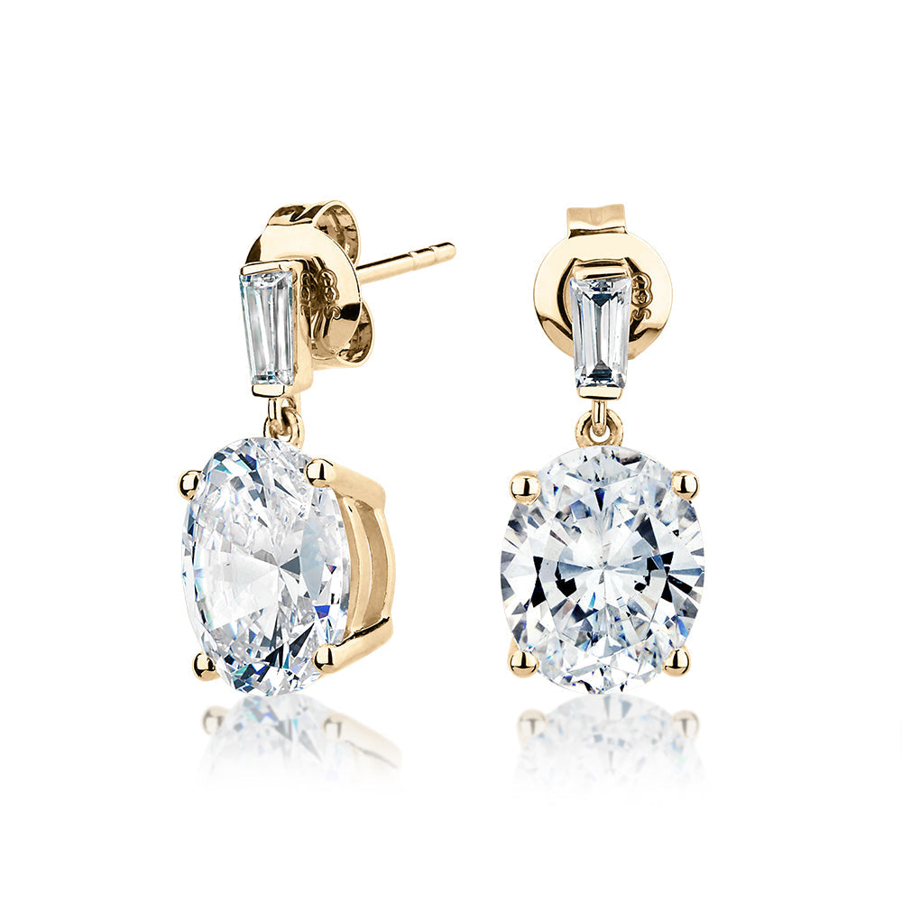 Oval and Baguette drop earrings with 5.50 carats* of diamond simulants in 10 carat yellow gold