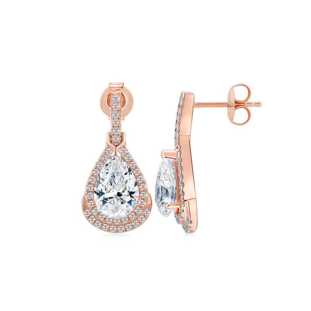 Pear and Round Brilliant halo stud earrings with 3.99 carats* of diamond simulants in 10 carat rose gold