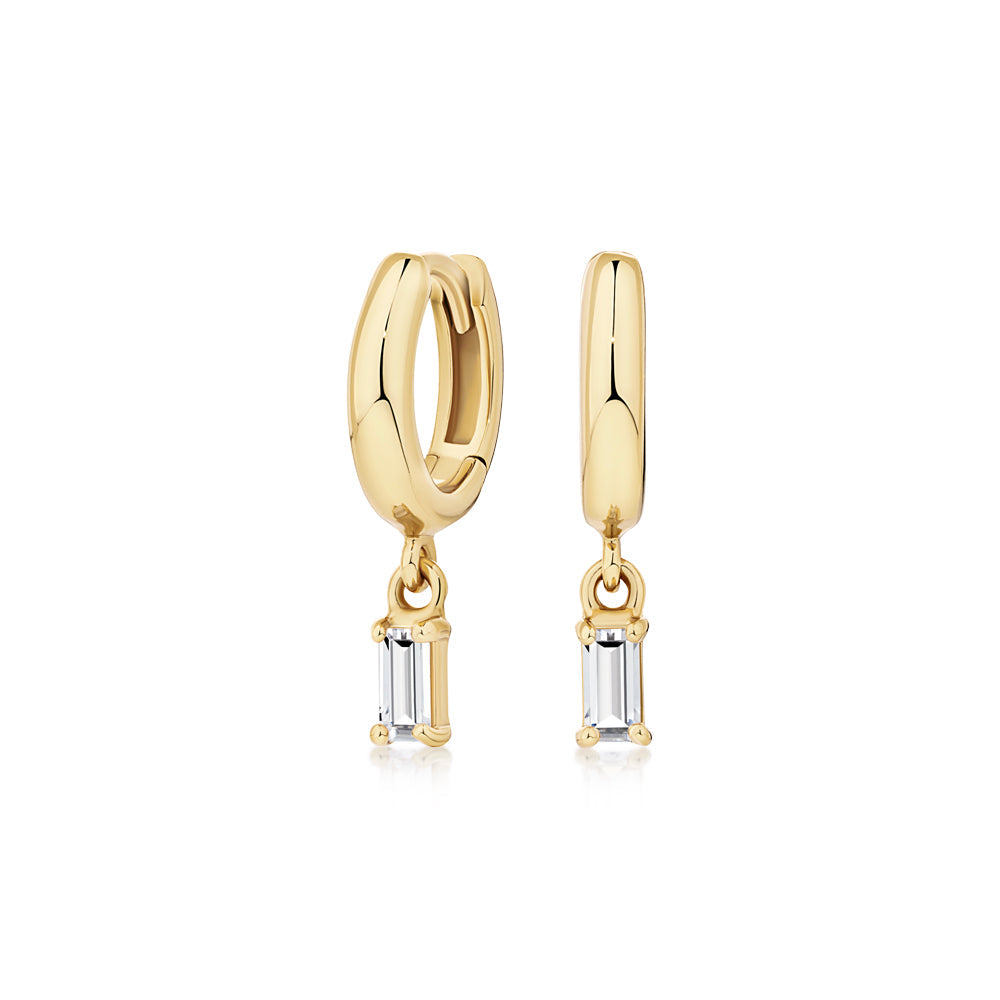 Drop earrings with emerald cut diamond simulants in 18 carat yellow gold vermeil