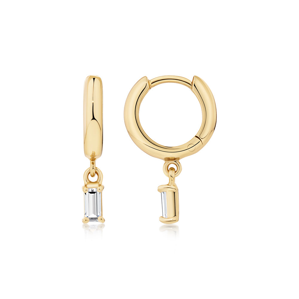 Drop earrings with emerald cut diamond simulants in 18 carat yellow gold vermeil
