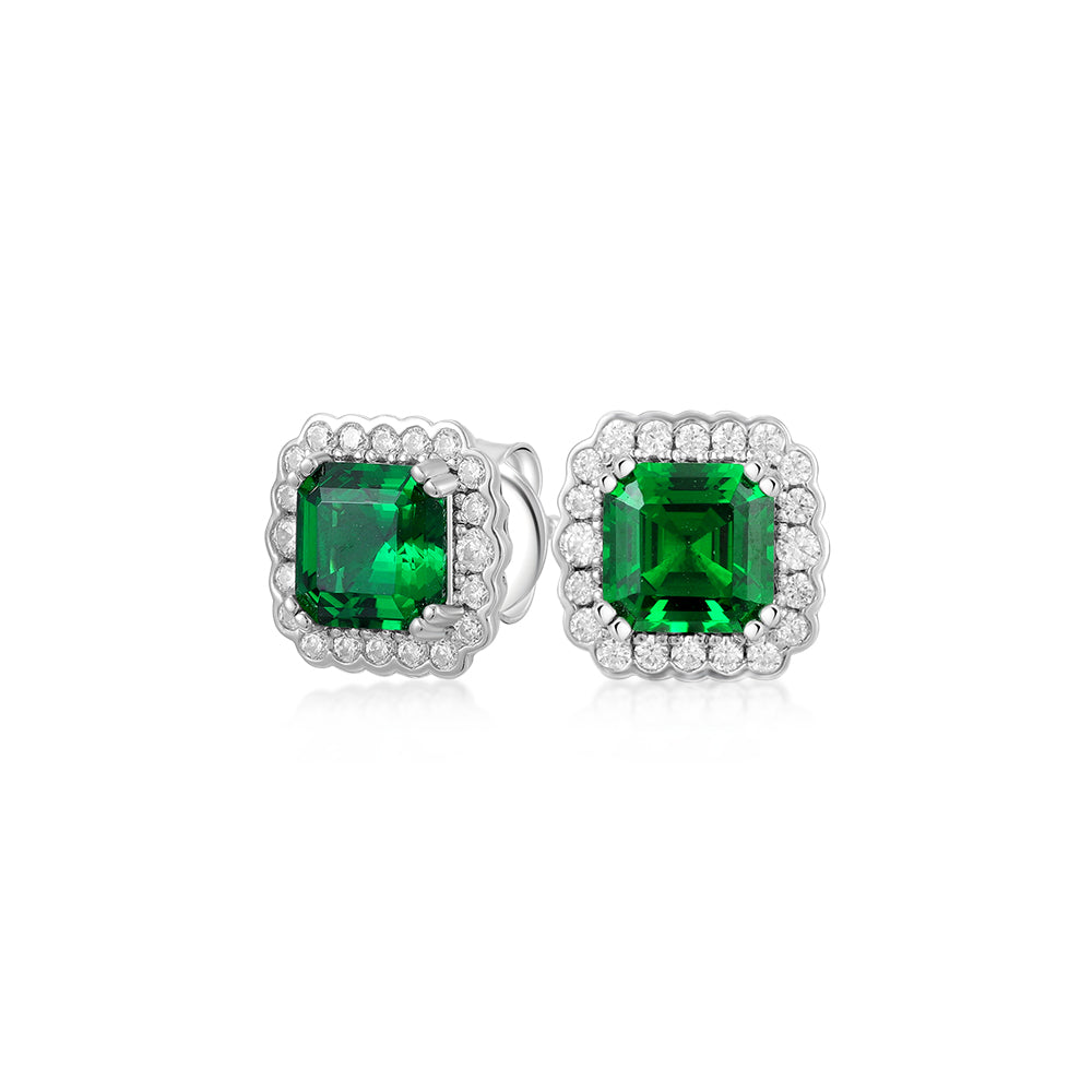 Asscher and Round Brilliant halo stud earrings with emerald simulants and 0.42 carats* of diamond si