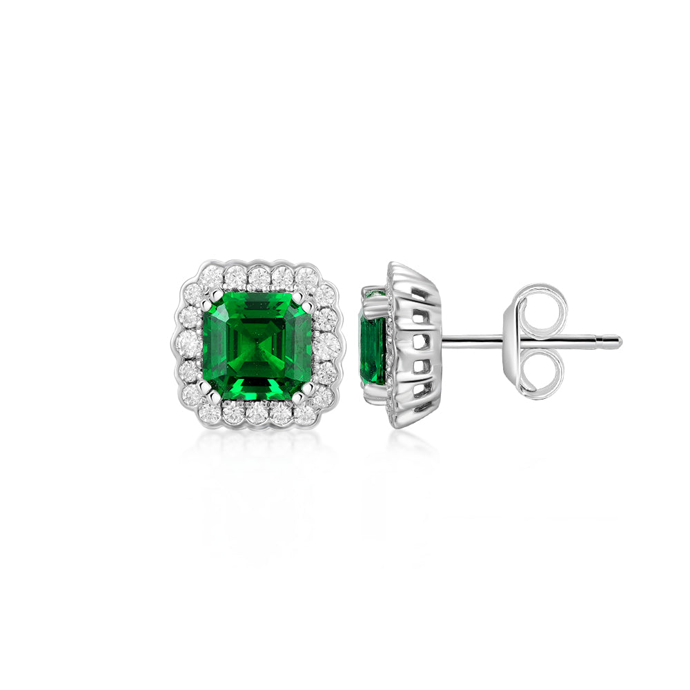 Asscher and Round Brilliant halo stud earrings with emerald simulants and 0.42 carats* of diamond si
