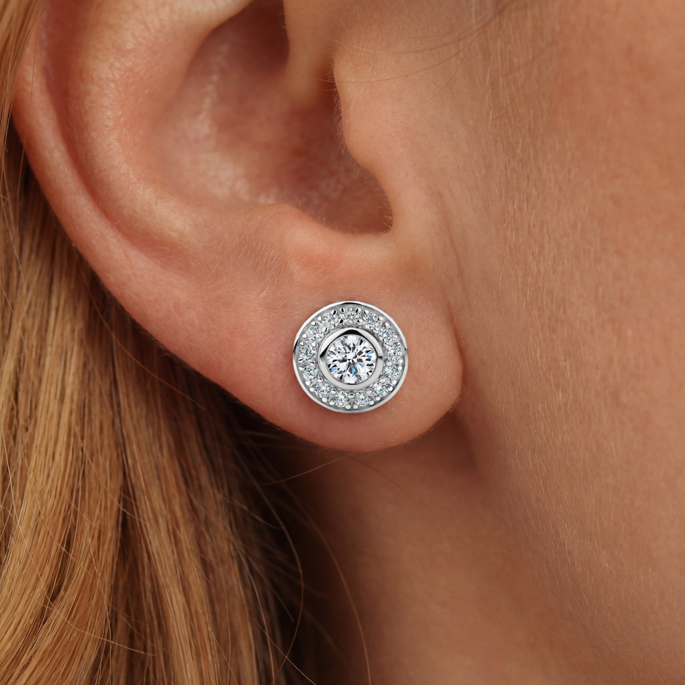 Round Brilliant halo stud earrings with 1.9 carats* of diamond simulants in sterling silver