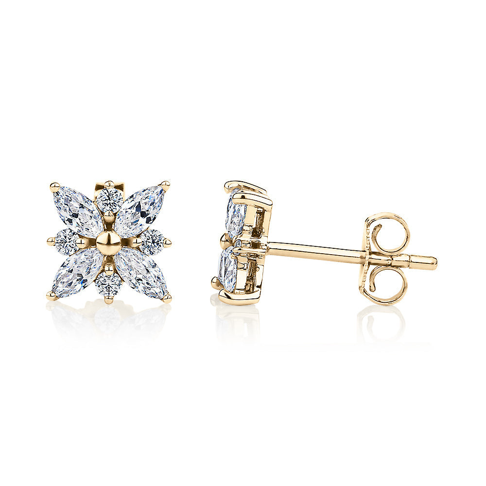 Round Brilliant and Marquise stud earrings with 0.84 carats* of diamond simulants in 10 carat yellow gold