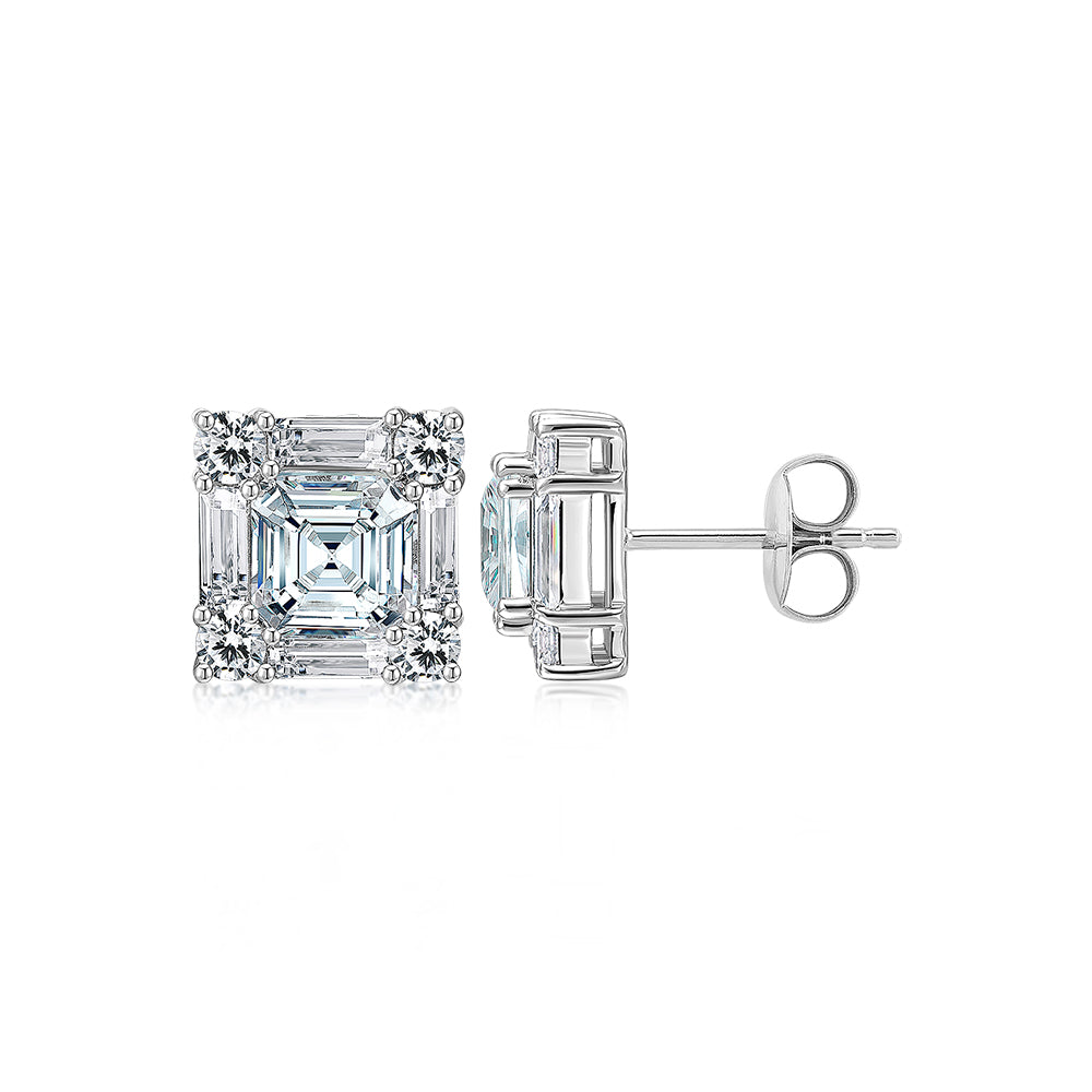 Princess Cut, Baguette and Round Brilliant stud earrings with 8.42 carats* of diamond simulants in 10 carat white gold