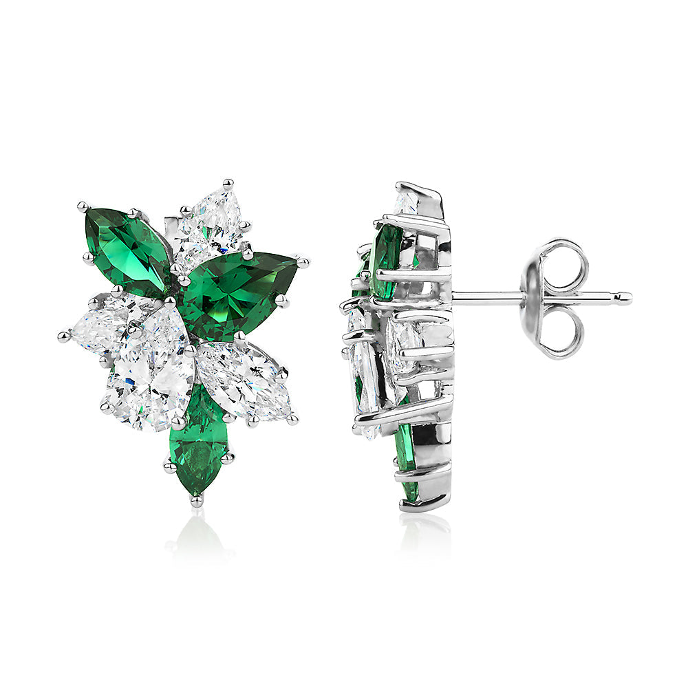 Pear and Marquise fancy earrings with emerald simulants and 3.86 carats* of diamond simulants in sterling silver