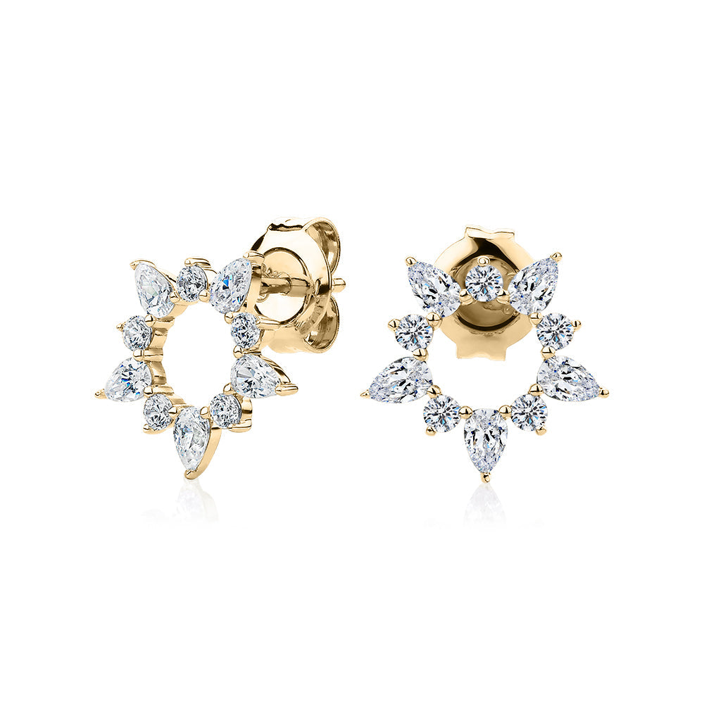 Pear and Round Brilliant fancy earrings with 1.45 carats* of diamond simulants in 10 carat yellow gold