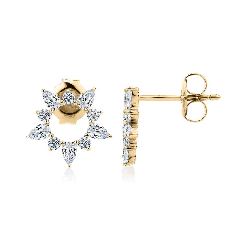 Pear and Round Brilliant fancy earrings with 1.45 carats* of diamond simulants in 10 carat yellow gold