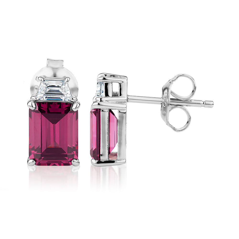 Emerald Cut and Trapezoid fancy earrings with rhodolite and diamond simulants in sterling silver