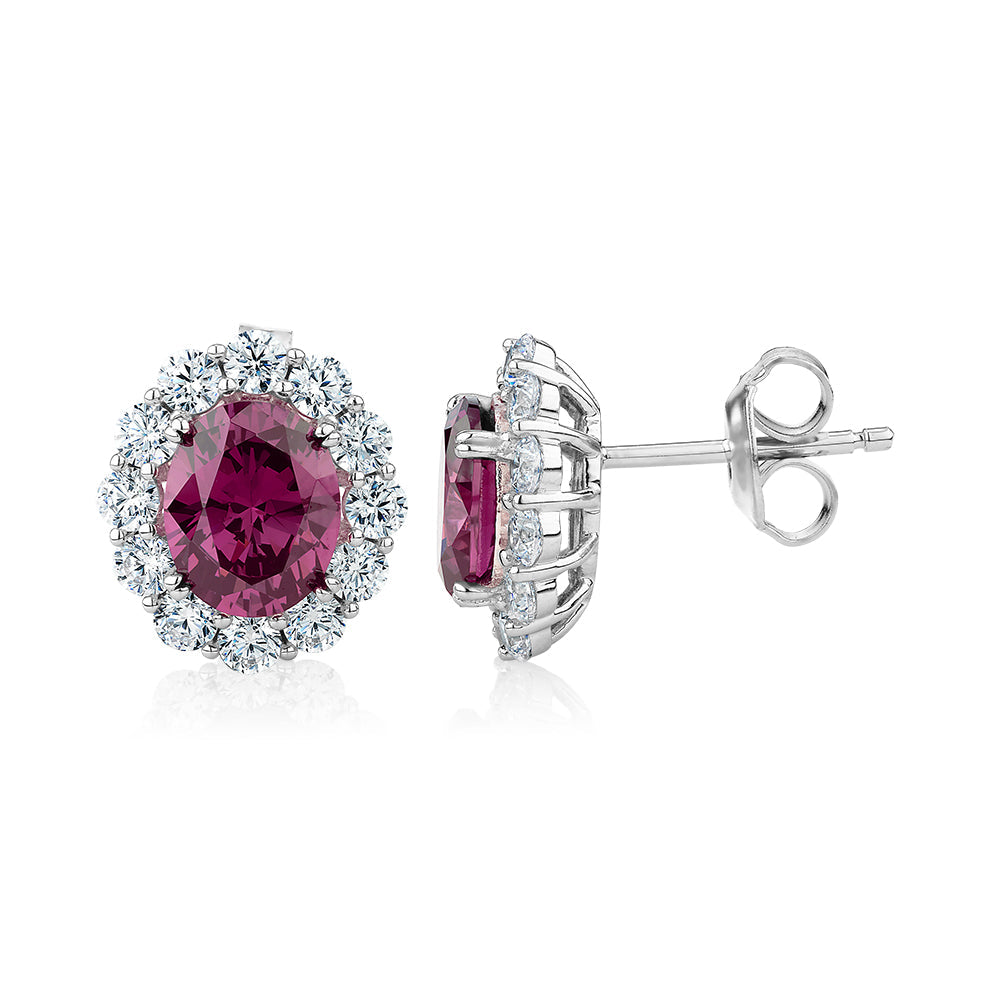 Oval and Round Brilliant fancy earrings with rhodolite simulants and 0.96 carats* of diamond simulants in sterling silver