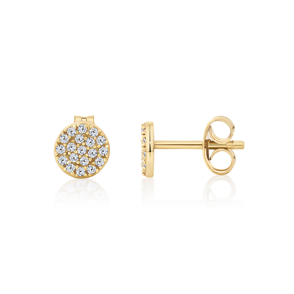 Fancy earrings with round brilliant diamond simulants in 18 carat yellow gold vermeil