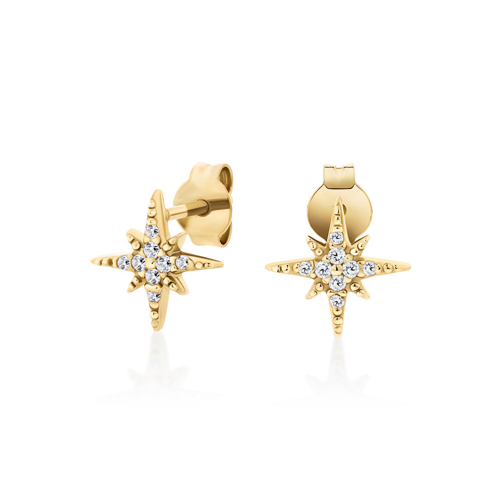 Fancy earrings with round brilliant diamond simulants in 18 carat yellow gold vermeil