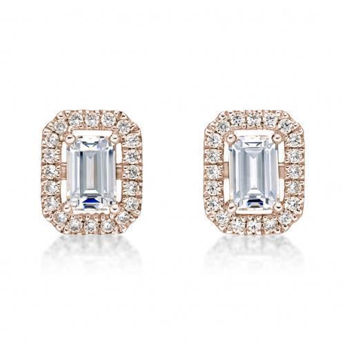 Small Emerald Cut Halo Earrings in Rose Gold