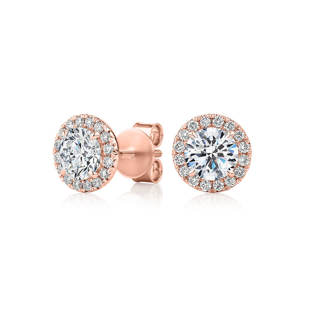 Signature Simulant Diamond 1.67 carat* TW round brilliant halo earrings in 14 carat rose gold
