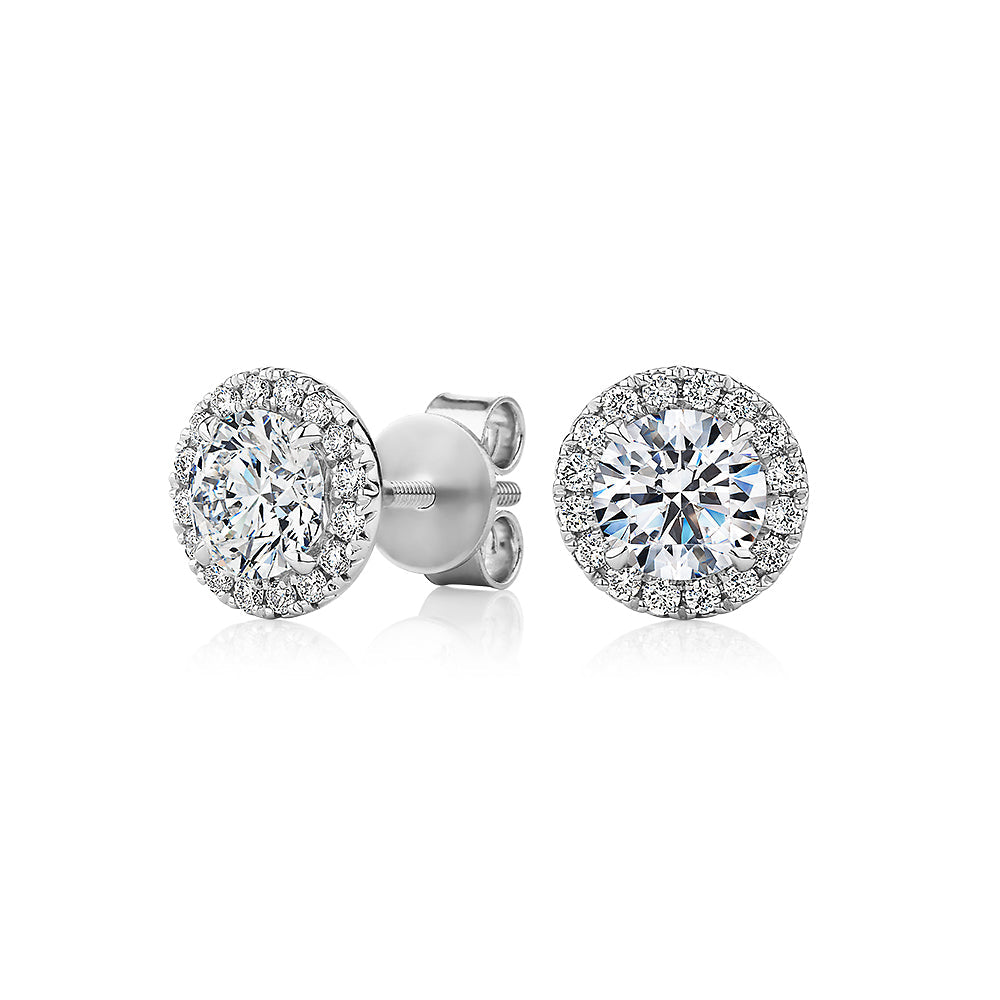 Premium Certified Lab-Grown Diamond, 1.67 carat TW round brilliant halo earrings in 18 carat white gold