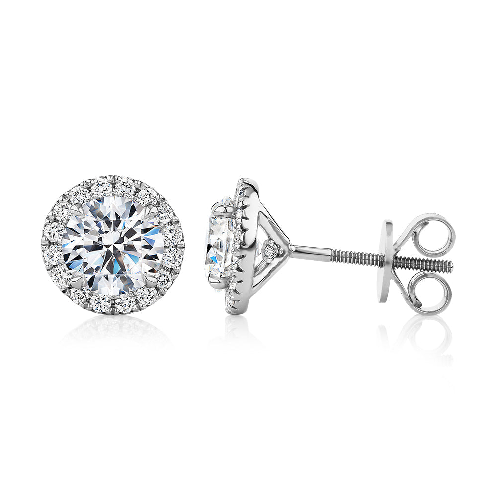 Signature Simulant Diamond 2.35 carat* TW round brilliant halo earrings in 14 carat white gold