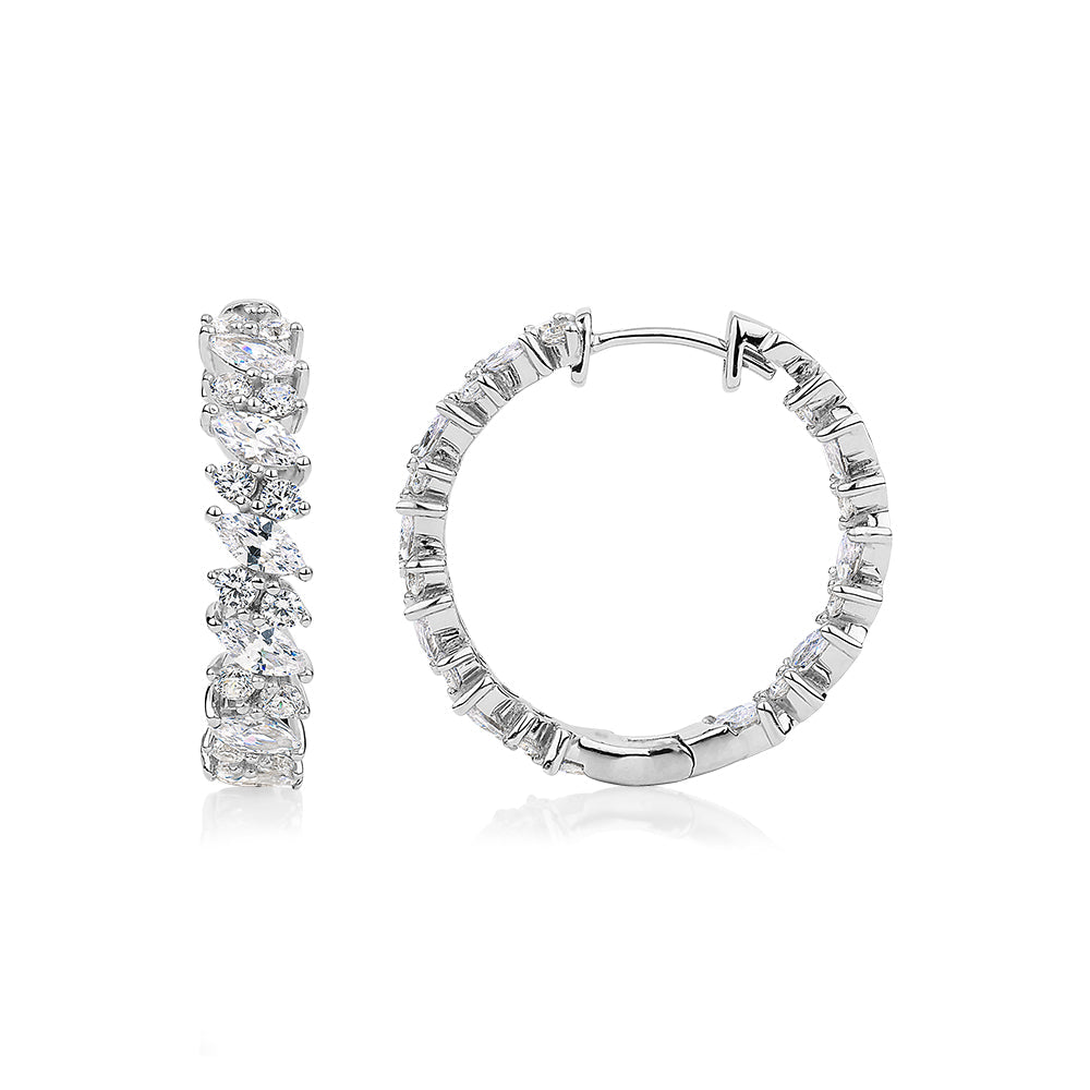 Round Brilliant and Marquise hoop earrings with 4 carats* of diamond simulants in sterling silver