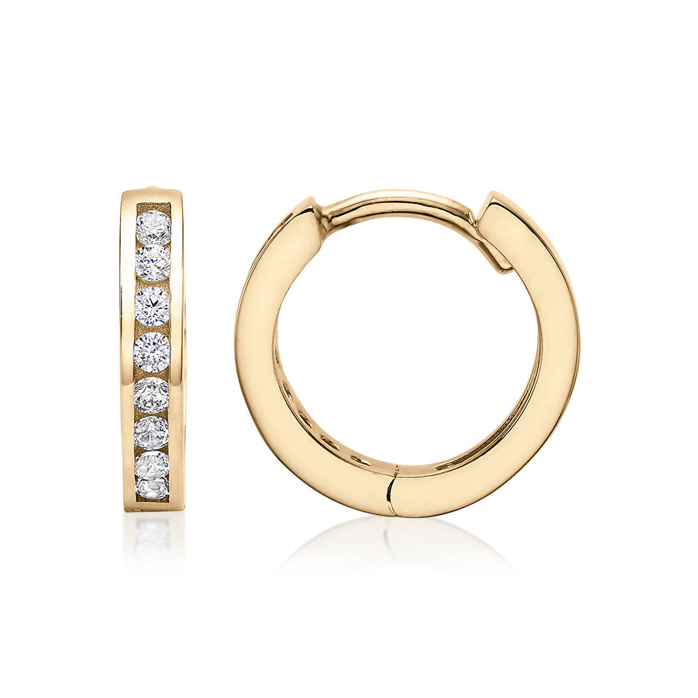 Round Brilliant hoop earrings with diamond simulants in 10 carat yellow gold
