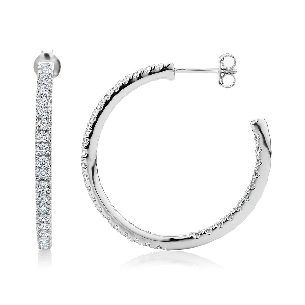Round Brilliant hoop earrings with 2 carats* of diamond simulants in sterling silver