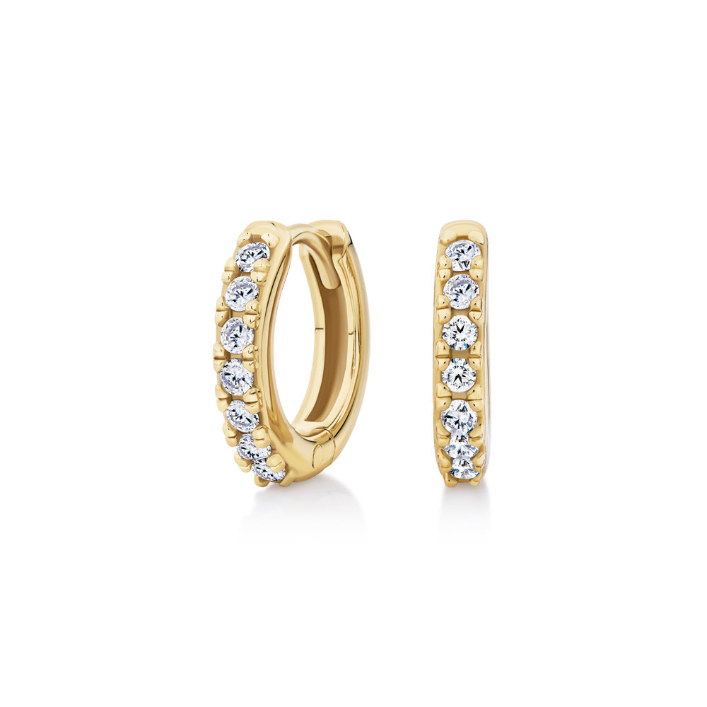 Round brilliannt hoop earrings with diamond simulants in 18 carat yellow gold vermeil