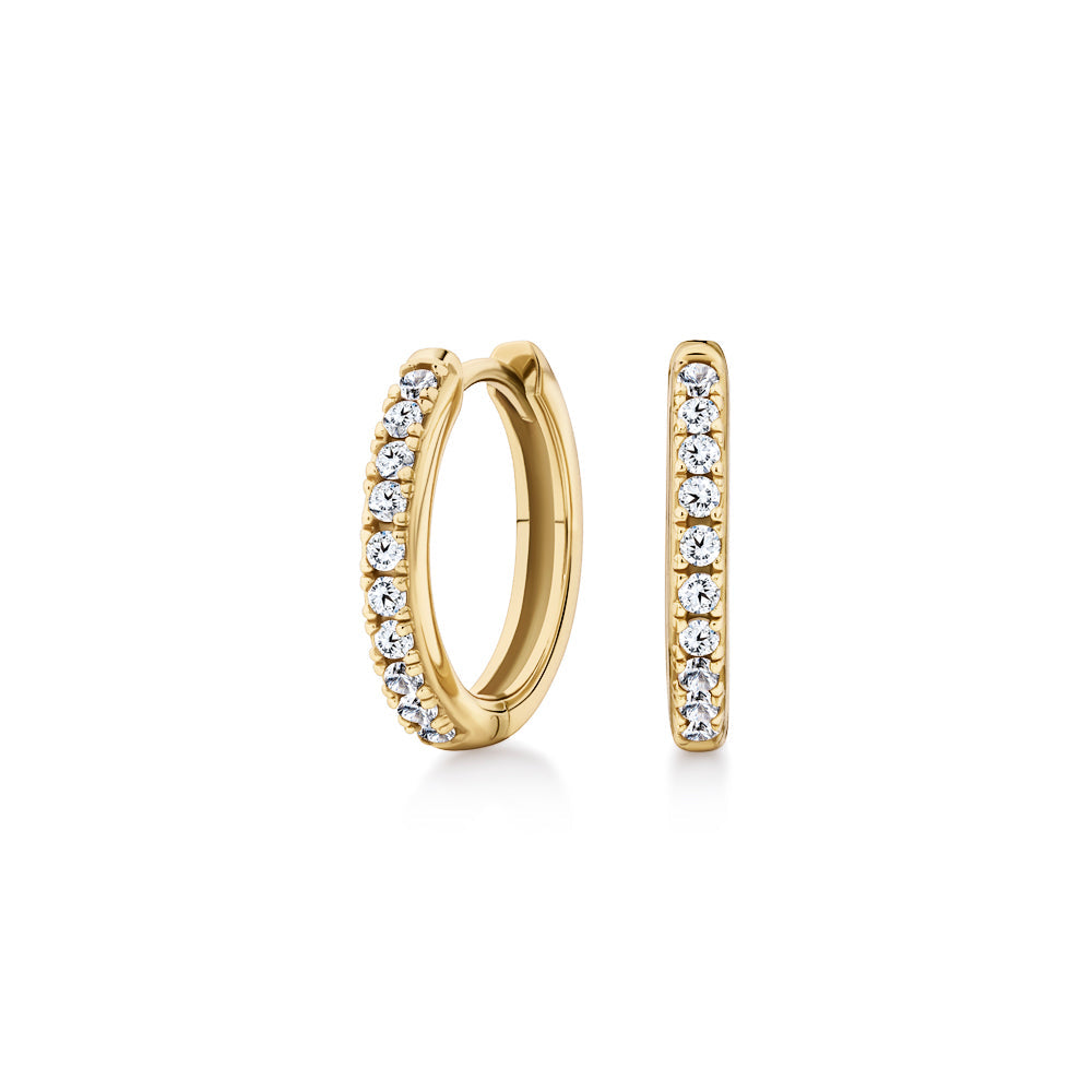 Round brilliannt hoop earrings with diamond simulants in 18 carat yellow gold vermeil