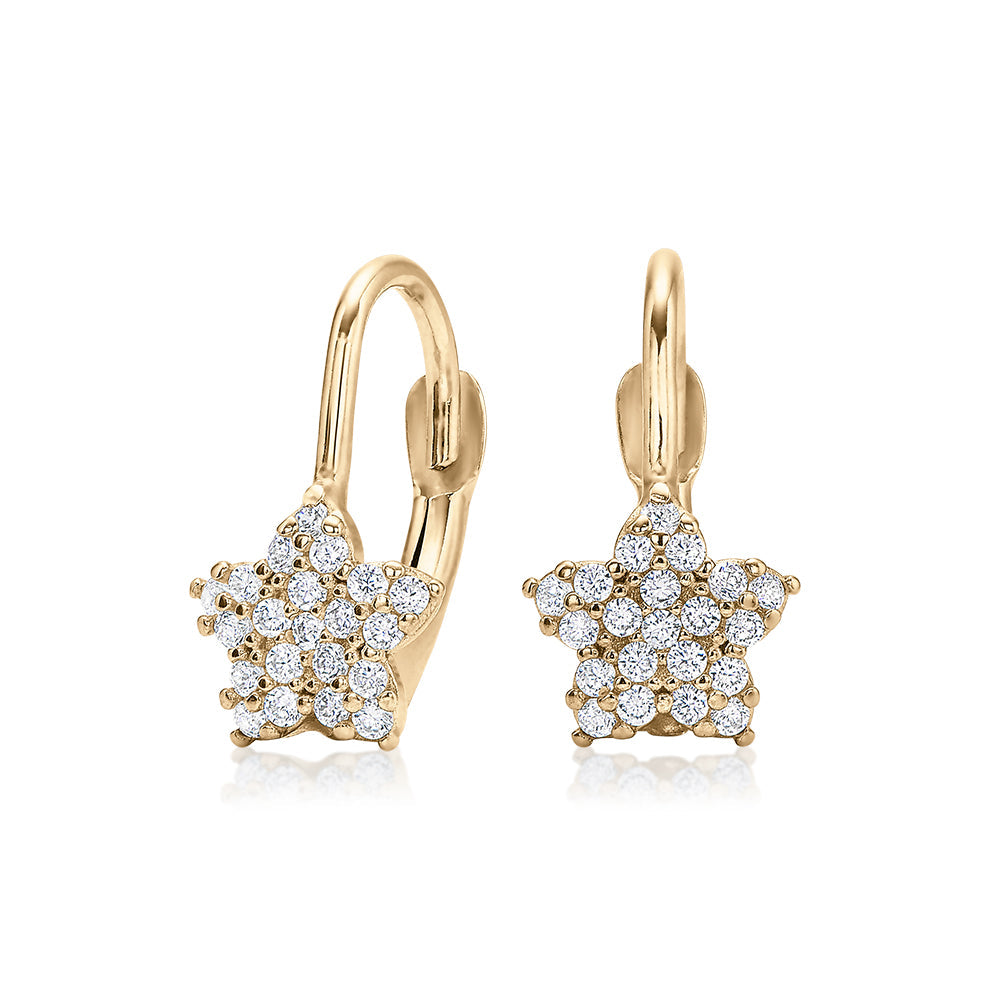 Round Brilliant drop earrings with diamond simulants in 10 carat yellow gold