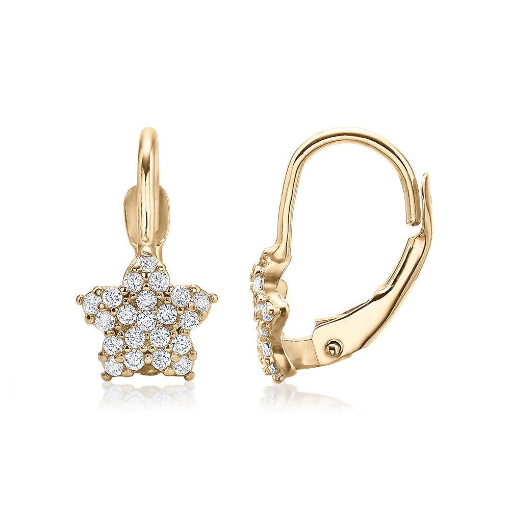 Round Brilliant drop earrings with diamond simulants in 10 carat yellow gold