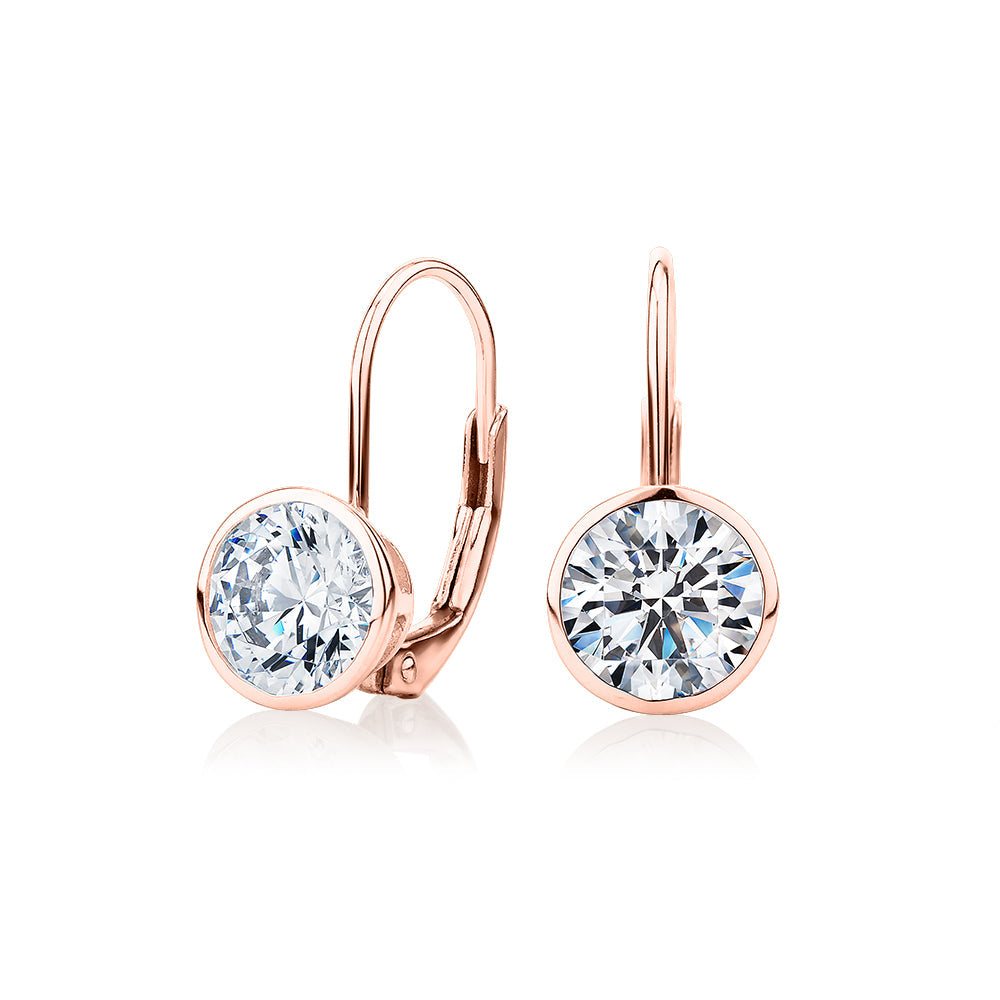 Round Brilliant drop earrings with 2 carats* of diamond simulants in 10 carat rose gold