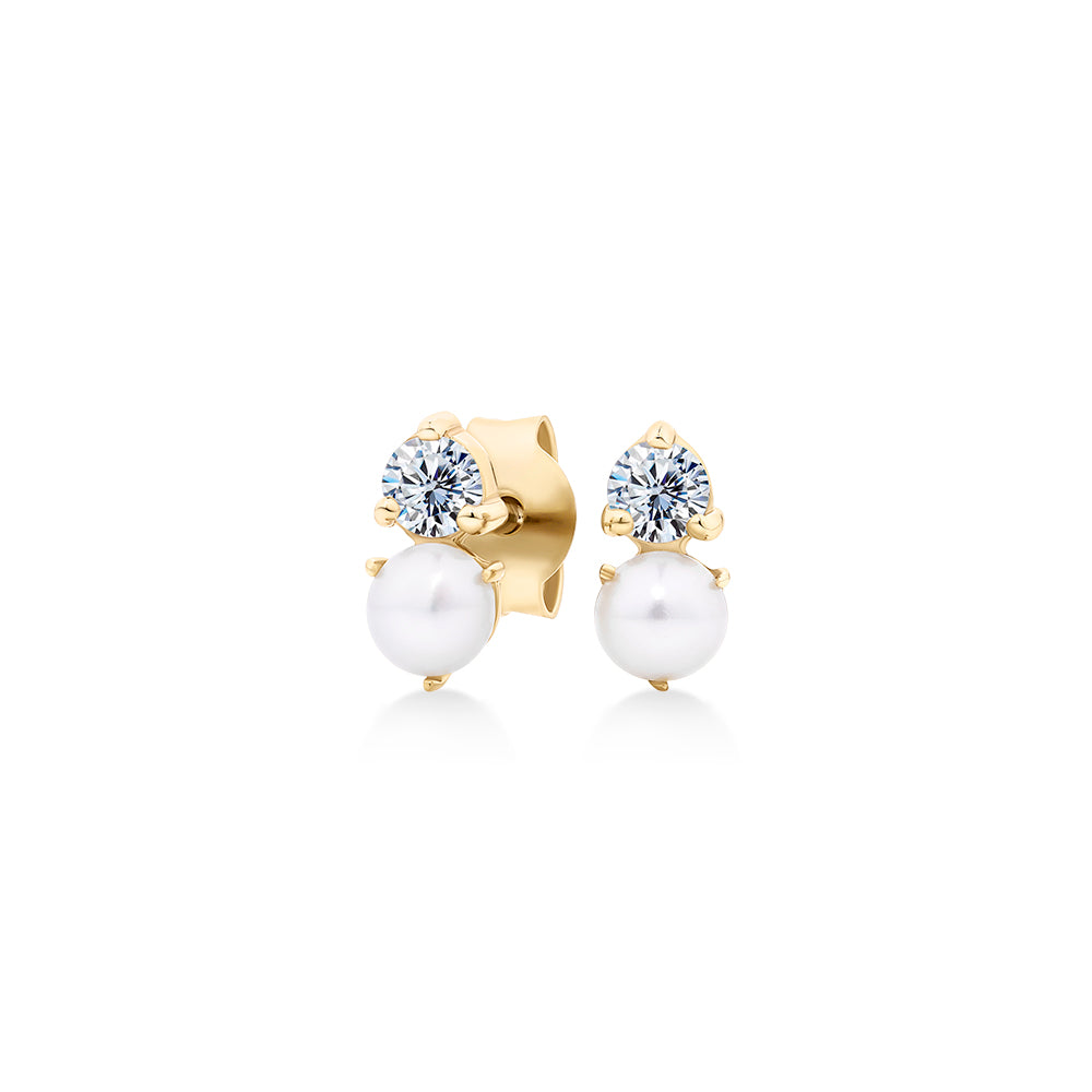Lab-Grown Simulant and Cultured Pearl, round brilliant and potato shape stud earrings in 18 carat yellow gold vermeil