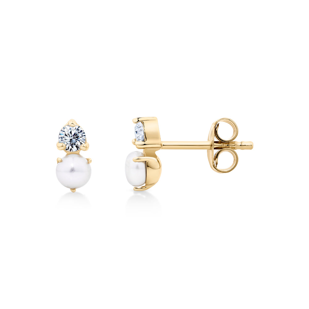 Lab-Grown Simulant and Cultured Pearl, round brilliant and potato shape stud earrings in 18 carat yellow gold vermeil