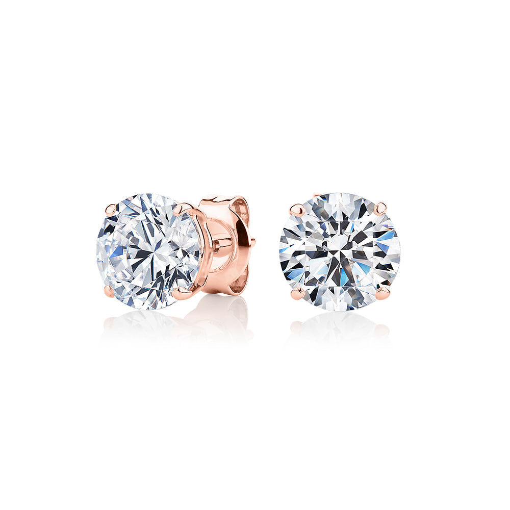 Round Brilliant stud earrings with 3 carats* of diamond simulants in 10 carat rose gold