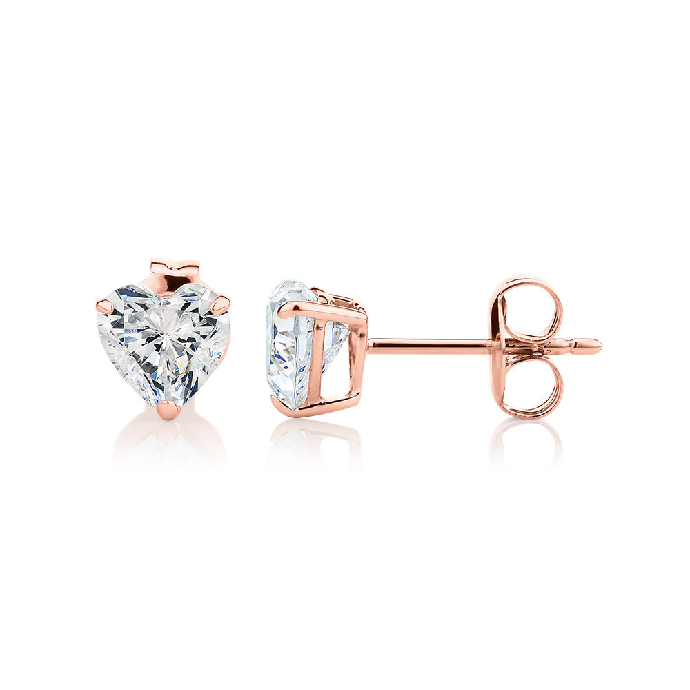 Heart stud earrings with 2 carats* of diamond simulants in 10 carat rose gold
