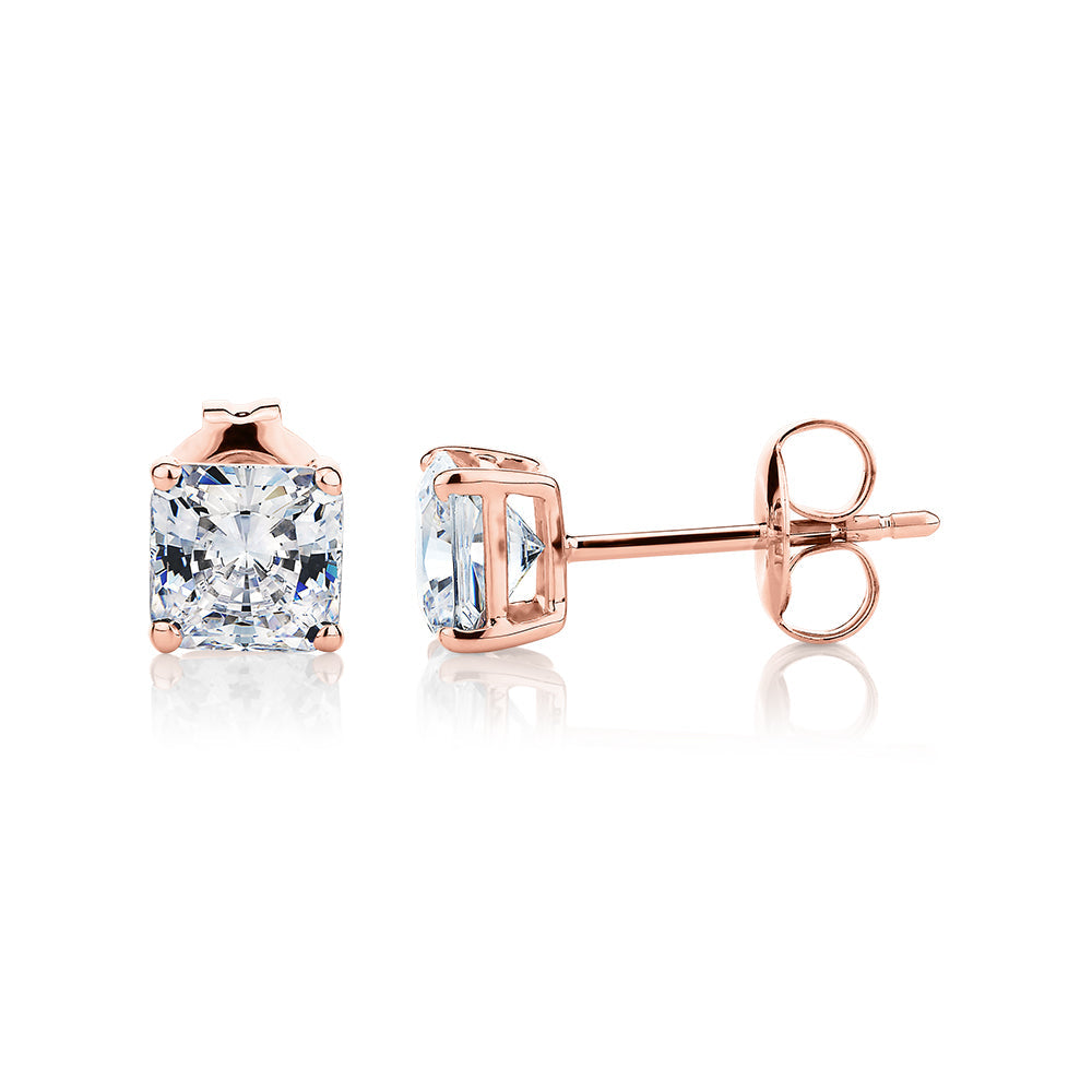 Princess Cut stud earrings with 1.5 carats* of diamond simulants in 10 carat rose gold