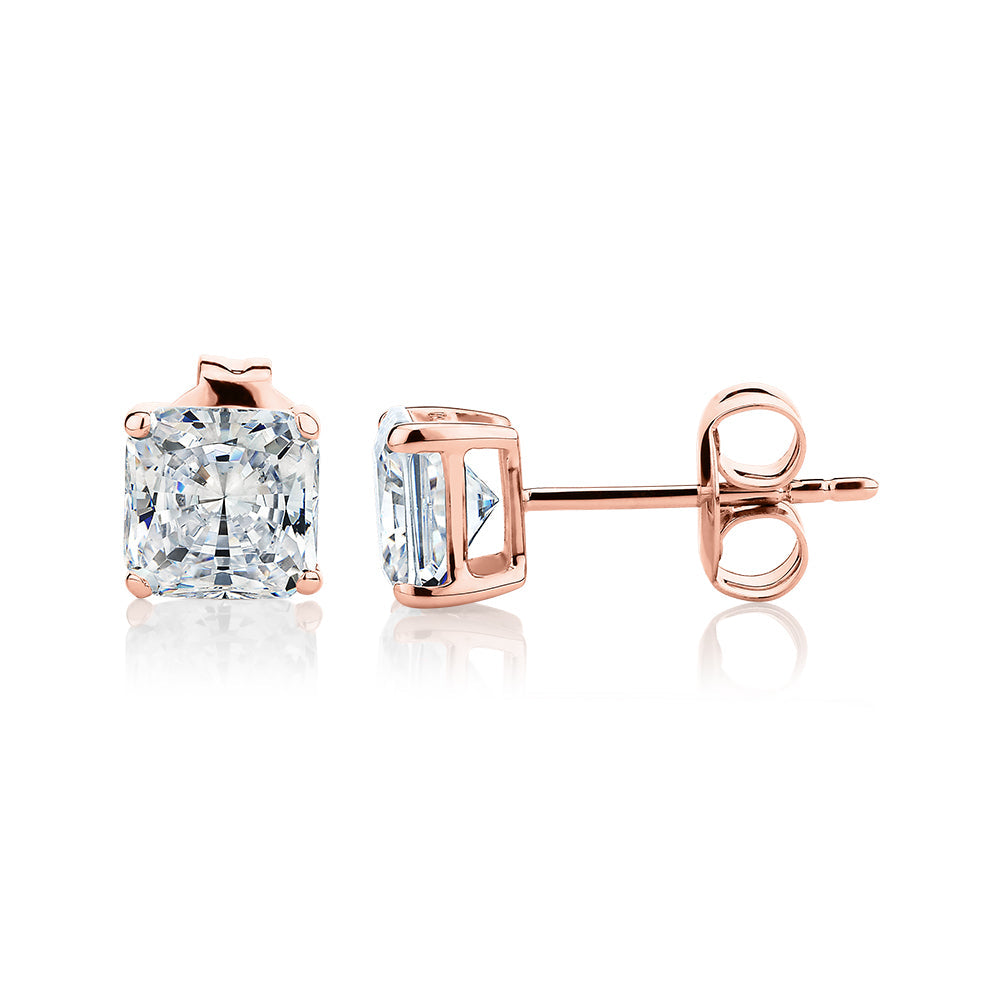 Princess Cut stud earrings with 2 carats* of diamond simulants in 10 carat rose gold