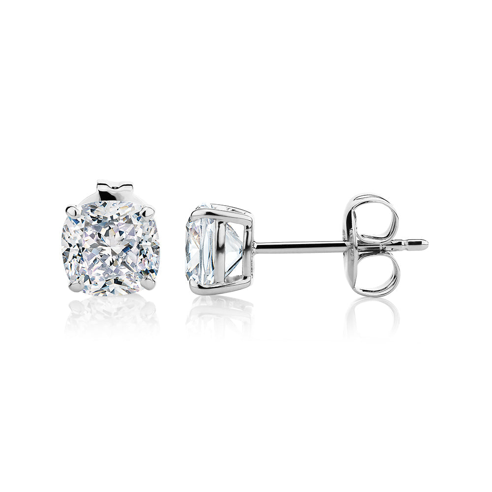Cushion stud earrings with 2 carats* of diamond simulants in 10 carat white gold