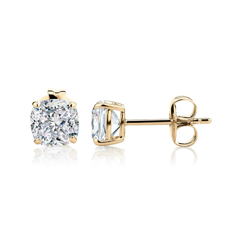 Cushion stud earrings with 2 carats* of diamond simulants in 10 carat yellow gold