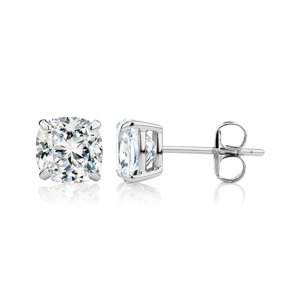 Cushion stud earrings with 3 carats* of diamond simulants in 10 carat white gold