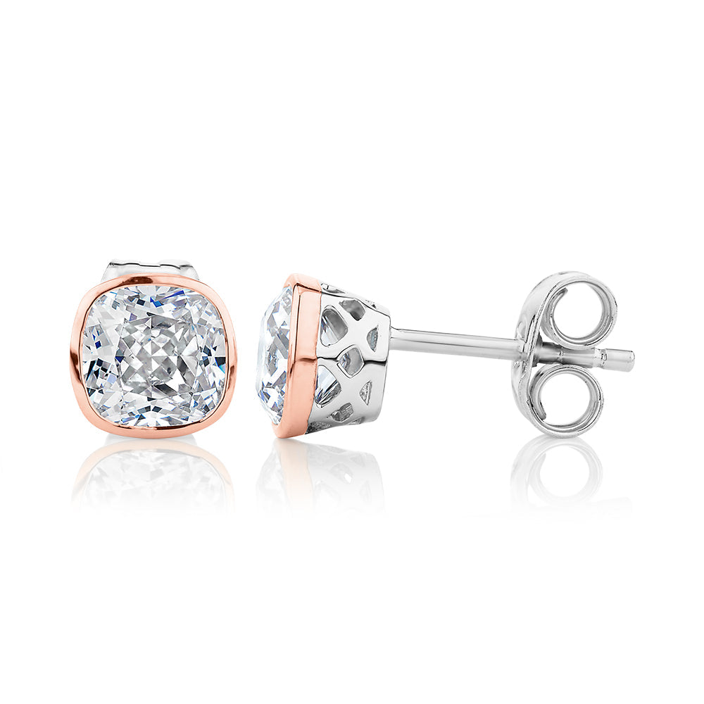 Cushion stud earrings with 1.52 carats* of diamond simulants in 10 carat rose gold and sterling silver