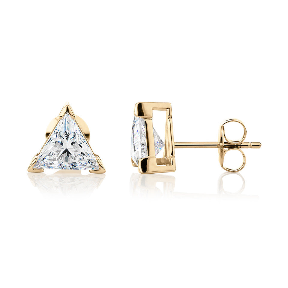 Trilliant stud earrings with 2.2 carats* of diamond simulants in 10 carat yellow gold