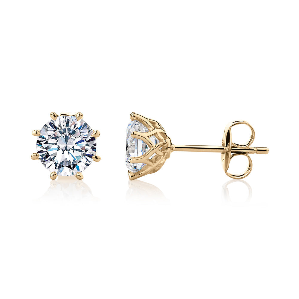 Round Brilliant stud earrings with 2 carats* of diamond simulants in 10 carat yellow gold