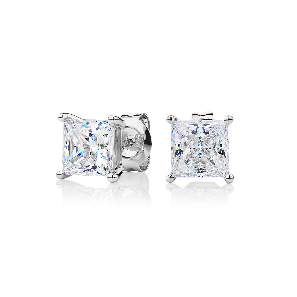 Princess cut stud earrings with 2.48 carats* of diamond simulants in 10 carat white gold